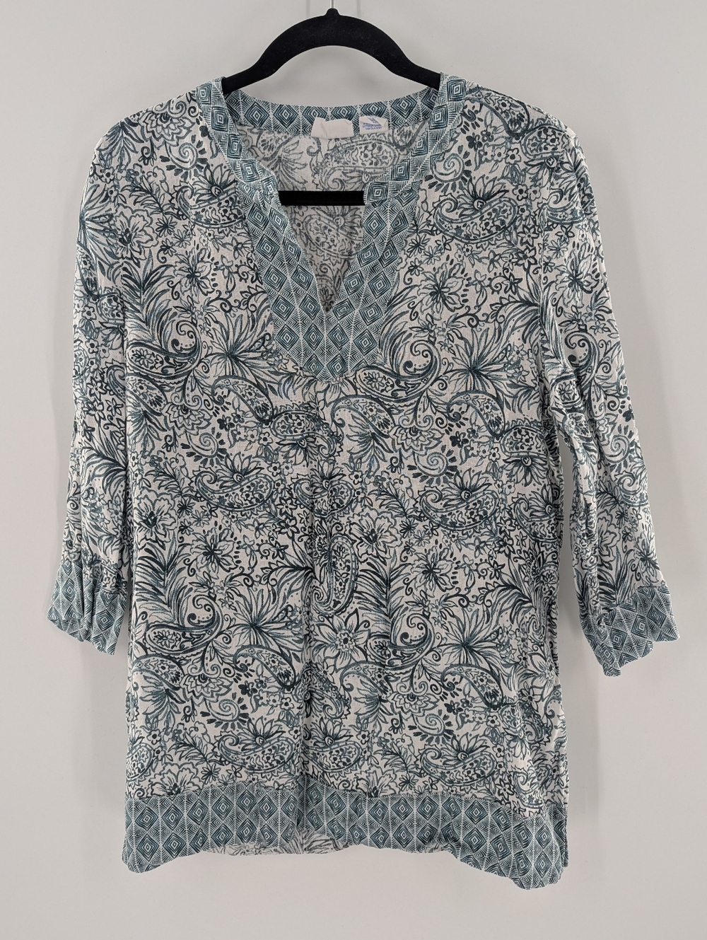 Sigrid Olden 100% Linen Floral Tunic Blouse Large Paisley Summer Vacation Green